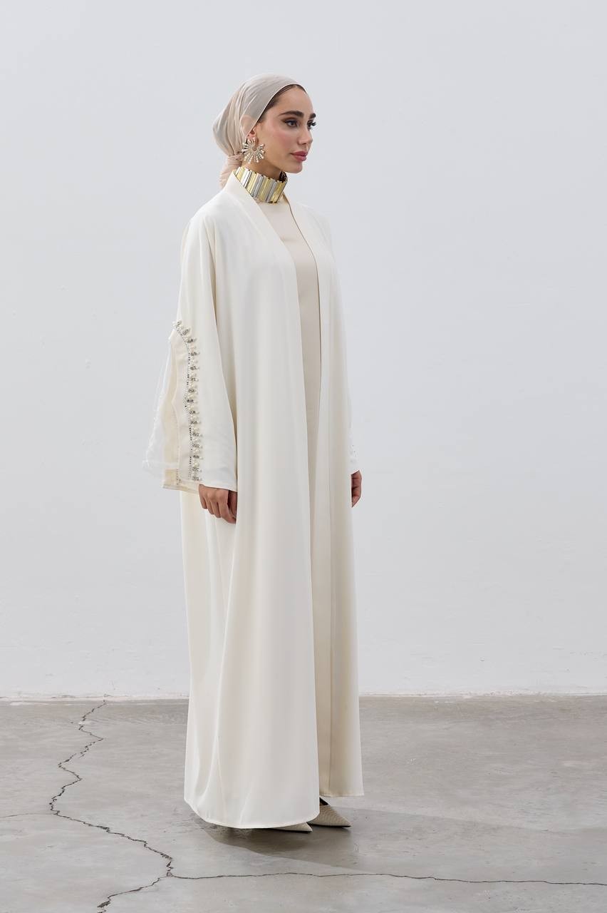  TASARIM İNCİ İŞLEMELİ SANTİAGO KUMAŞMAXİ BOY ABAYA - krem