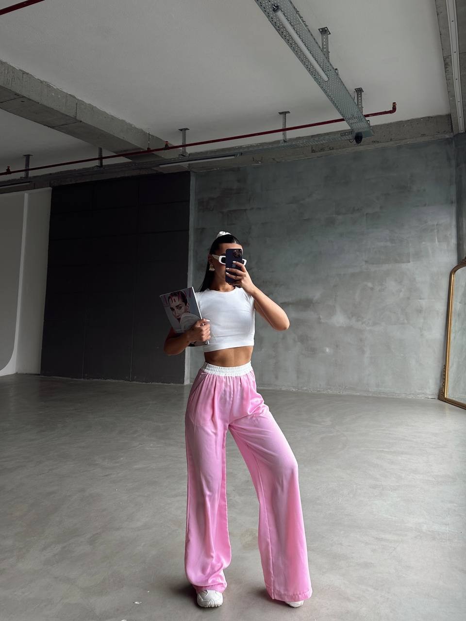 Geniş Paça Kadın Pantolon – Yüksek Bel, Lastikli Bel Spor ve Günlük Pantolon - pembe