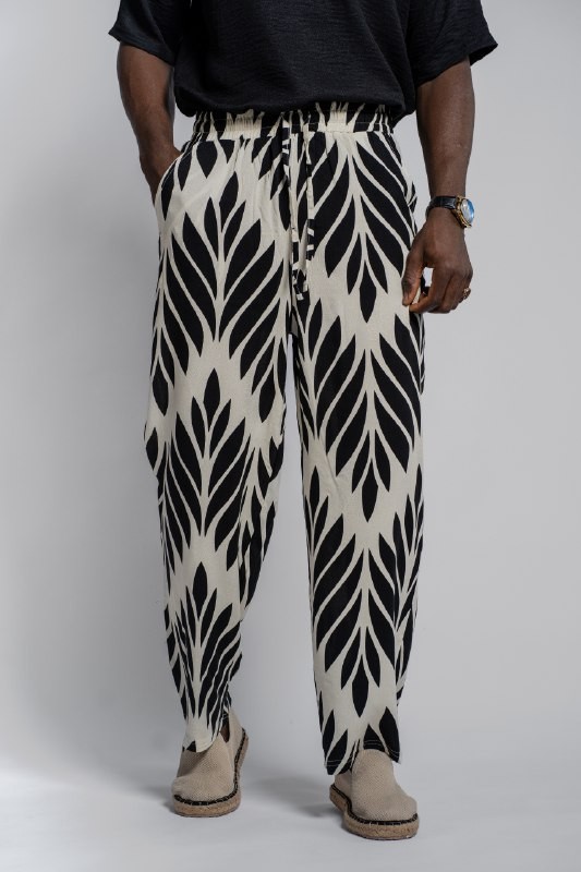 Desenli Bej-Siyah Relaxed Fit Yazlık Erkek Pantolon - Siyah