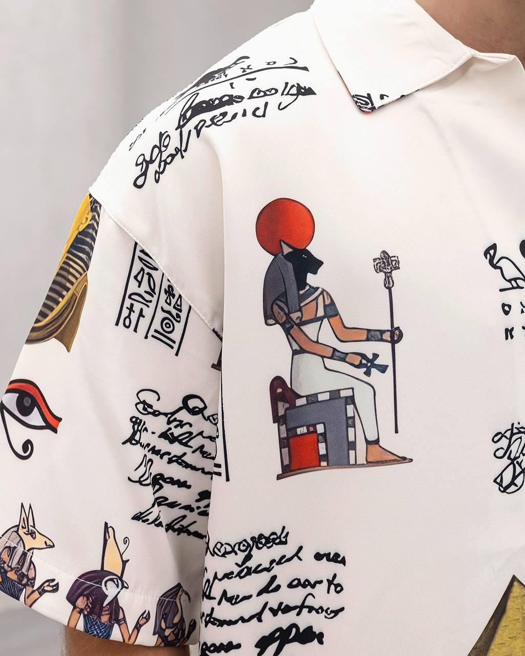 Erkek Oversize Kısa Kollu Desenli Gömlek – Mısır Temalı Print