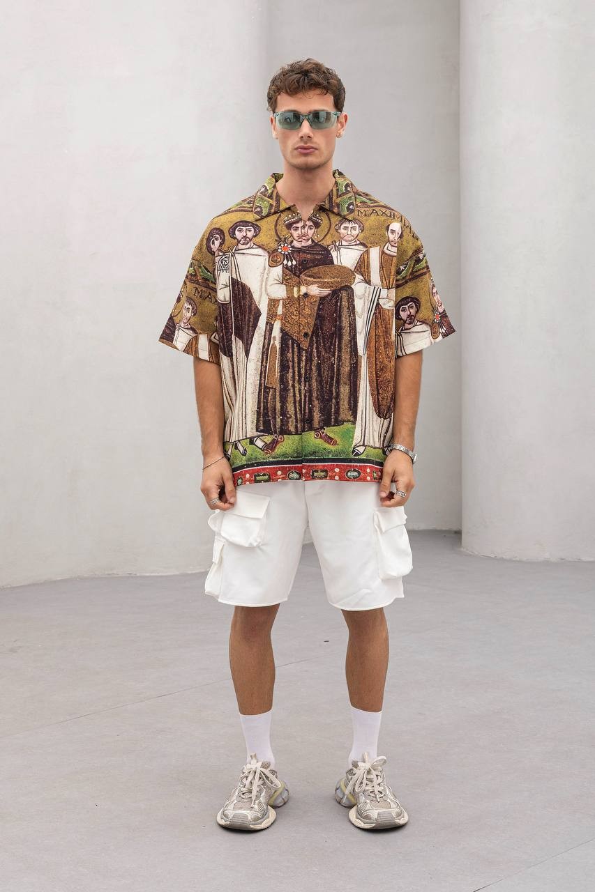 Erkek Oversize Desenli Kısa Kollu Gömlek – Vintage Sanatsal Print