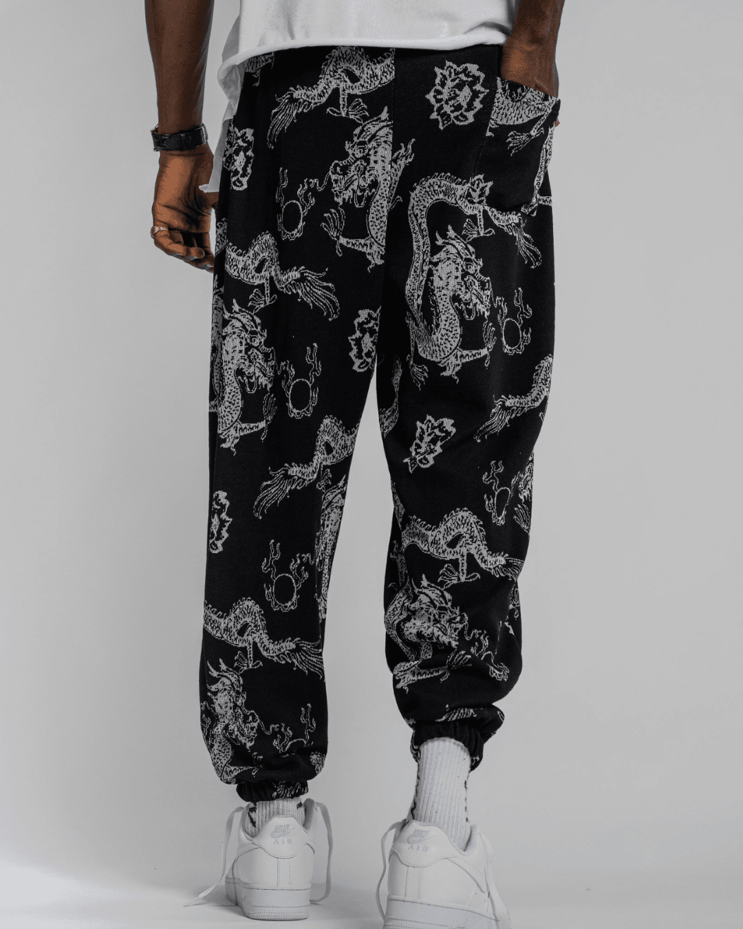 Siyah Ejderha Desenli Oversize Erkek Şalvar Pantolon – Bohem Streetwear
