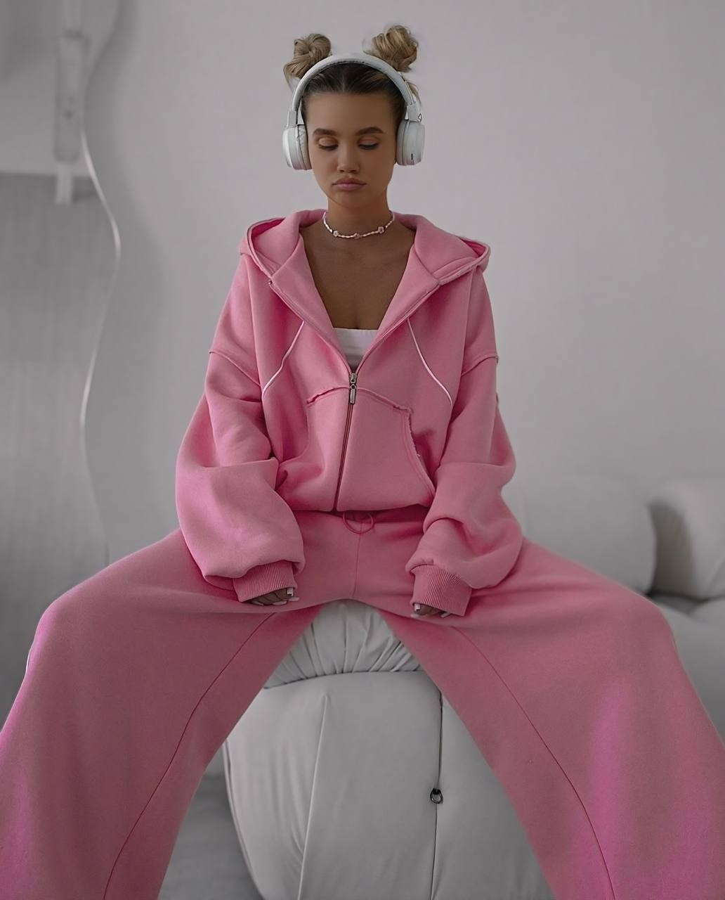 Oversize Spor Takım – Kapüşonlu Fermuarlı Sweat & Geniş Paça Eşofman Kadın - pembe