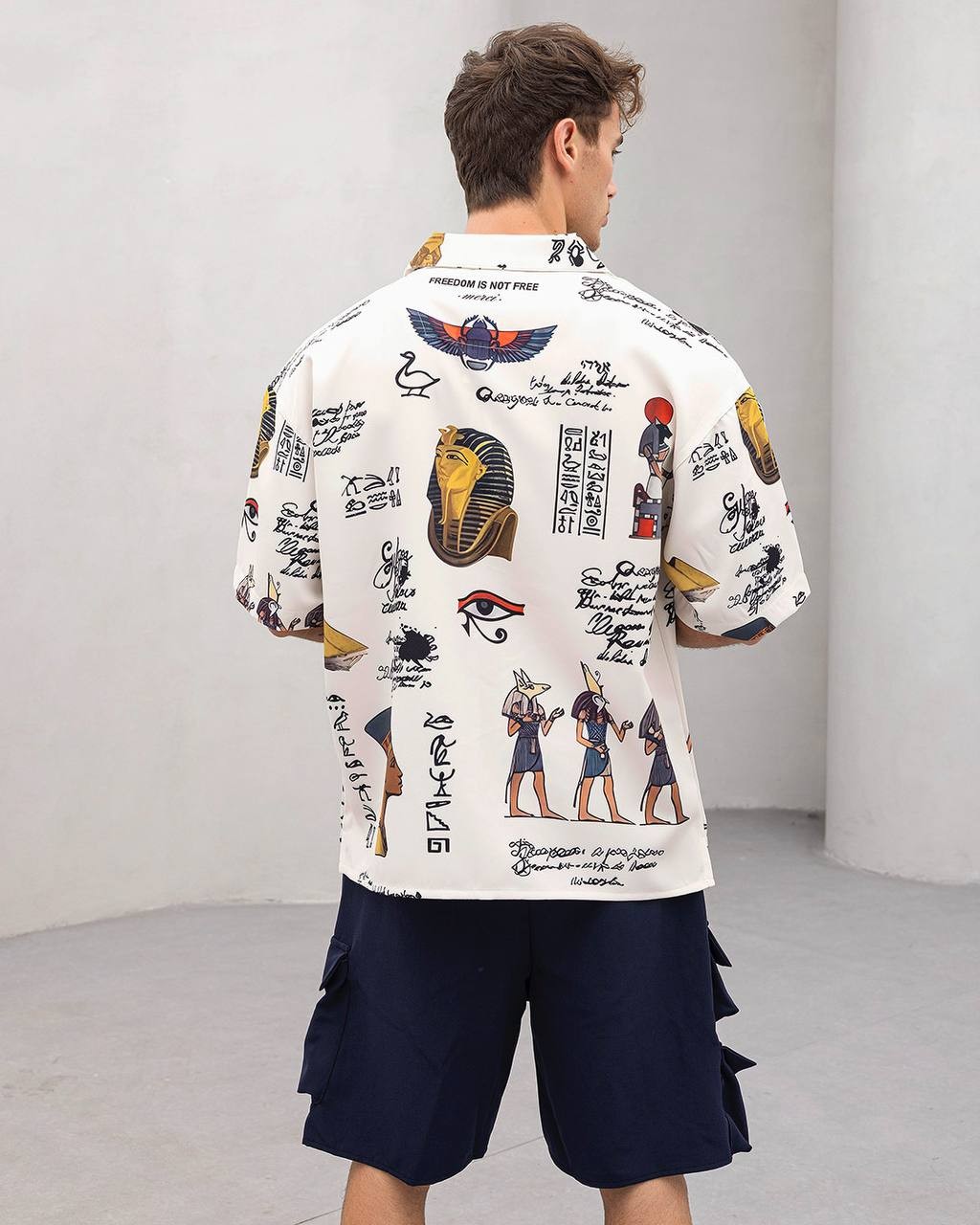 Erkek Oversize Kısa Kollu Desenli Gömlek – Mısır Temalı Print