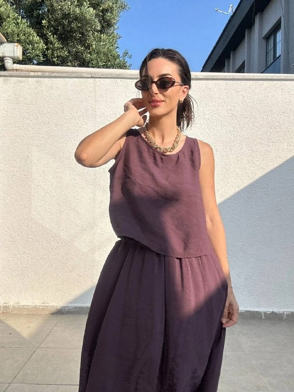 İkili Keten Yazlık Takım – Askılı Bluz & Yüksek Bel Etek - Mürdüm