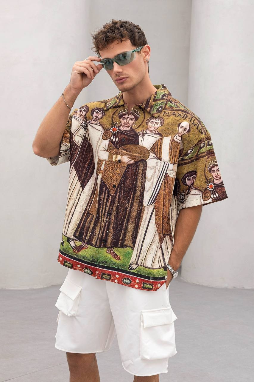 Erkek Oversize Desenli Kısa Kollu Gömlek – Vintage Sanatsal Print