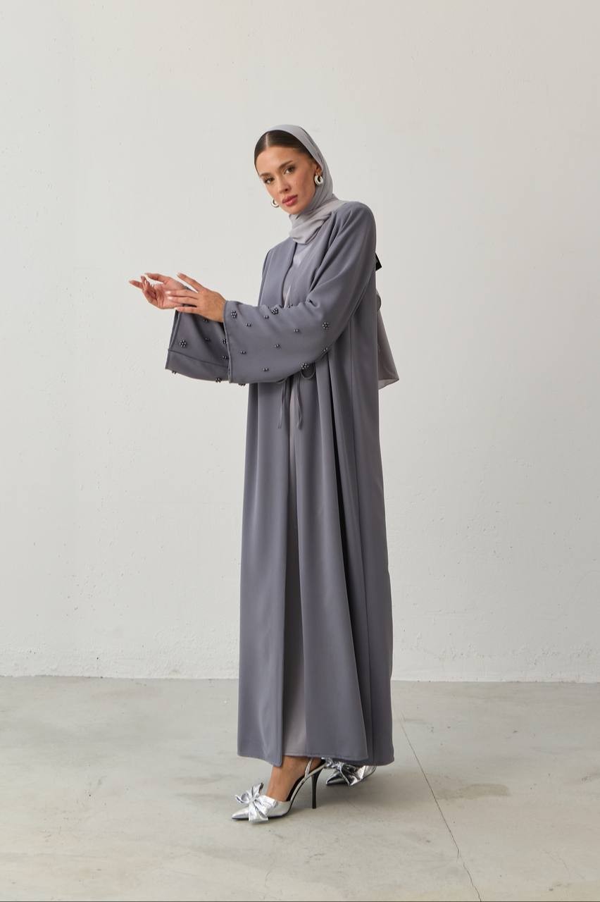 YENİ SEZON KREP KUMAŞ BONCUK EL İŞLEMELİ MODERN ABAYA - Gri