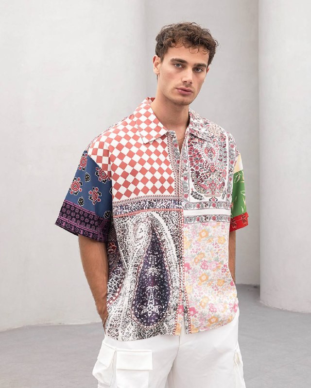 Renkli Desenli Oversize Erkek Gömlek – Patchwork Sanat Modeli