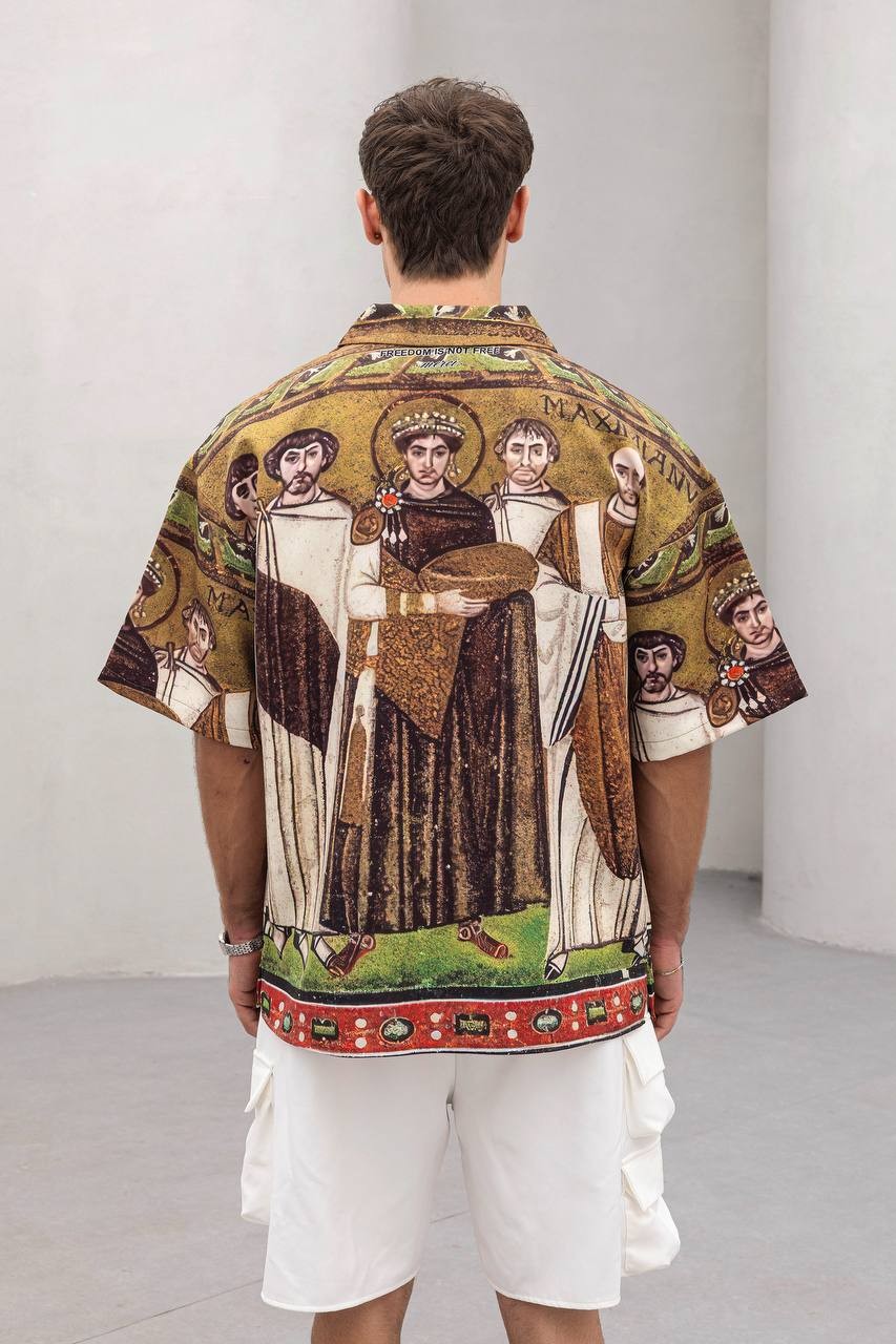 Erkek Oversize Desenli Kısa Kollu Gömlek – Vintage Sanatsal Print