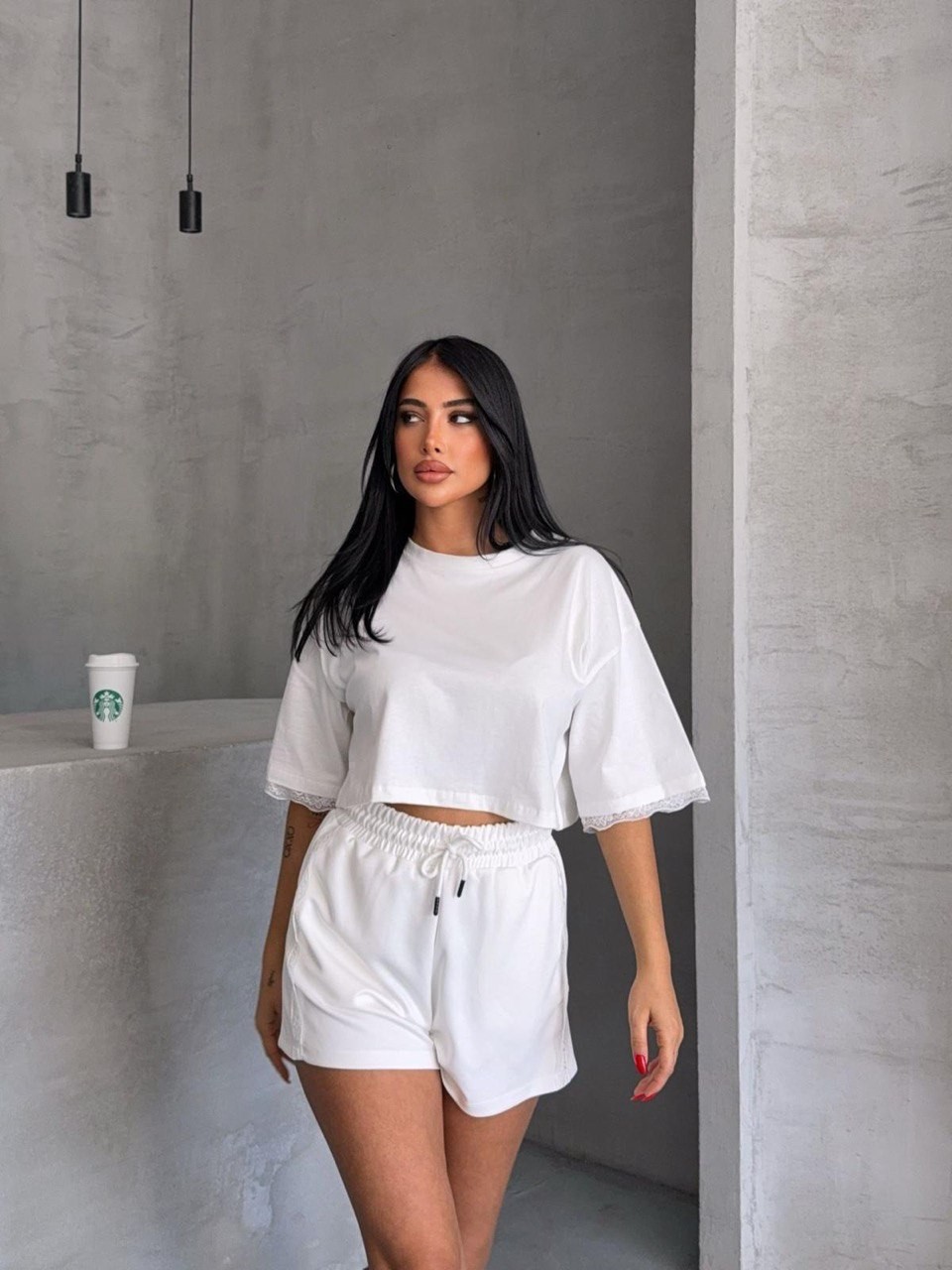 Dantel Detaylı Şort & Crop Tişört Takımı – Yazlık İkili Set - Beyaz