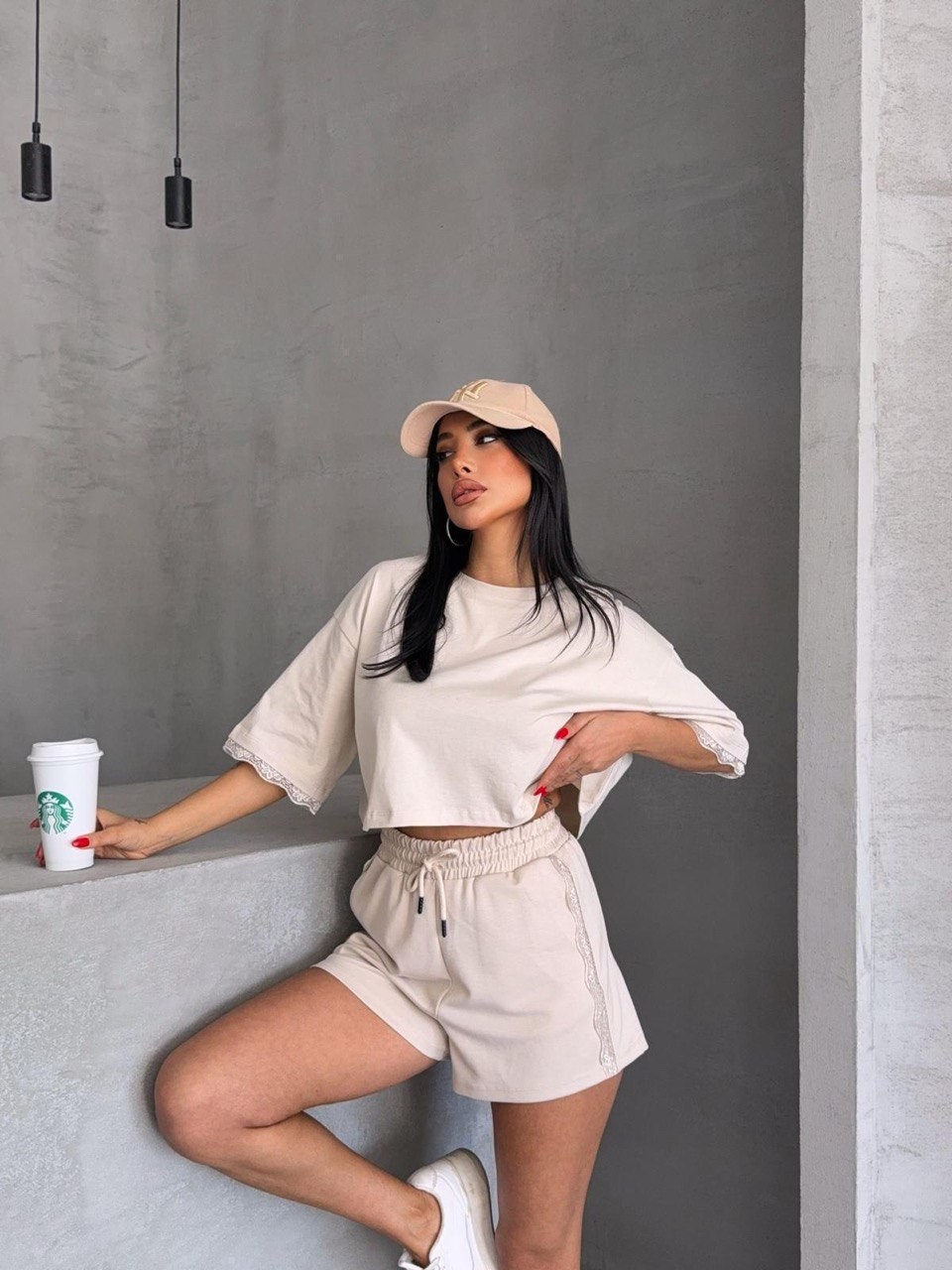 Dantel Detaylı Şort & Crop Tişört Takımı – Yazlık İkili Set - krem