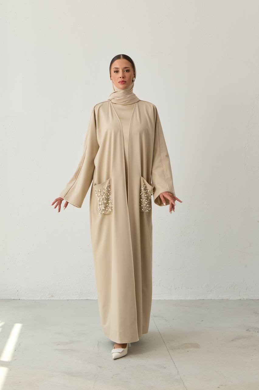ÖZEL TASARIM CEPLERİ EL DOKUMA İNCİ  İŞLEMELİ ABAYA KİMONO