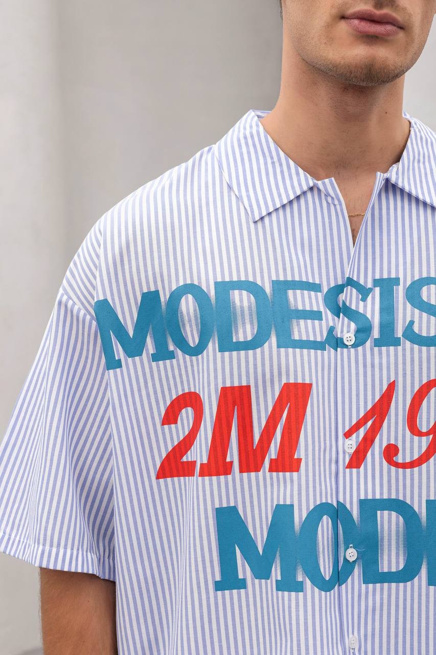 Erkek Oversize Kısa Kollu Baskılı Gömlek – Mode 1990 Desenli