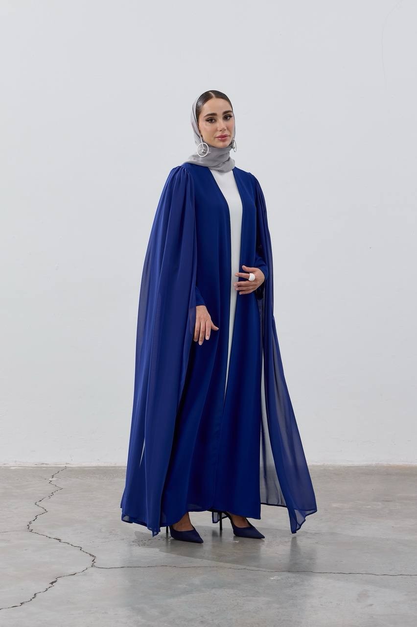 YENİ TASARIM ŞIK OMUZLARDAN UZUN TÜL DETAYLI KREP KUMAŞ ABAYA KİMONO - lacivert