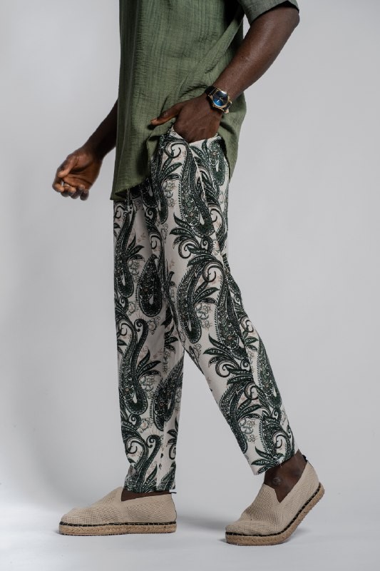 Desenli Yazlık Relaxed Fit Pantolon – Beyaz Zeminli Bohem Stil  Hafif Kumaş Erkek Pantolon