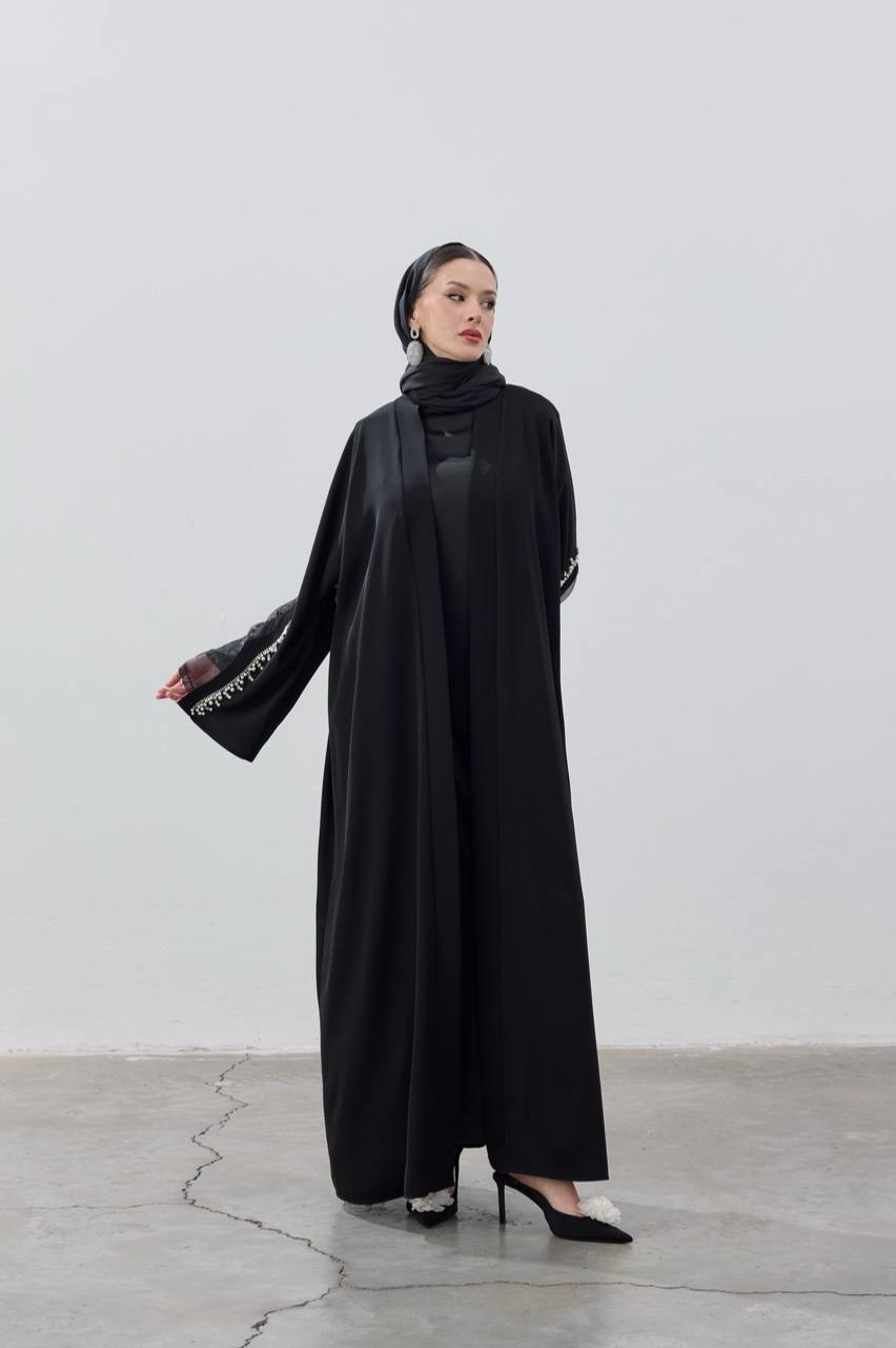  TASARIM İNCİ İŞLEMELİ SANTİAGO KUMAŞMAXİ BOY ABAYA - Siyah