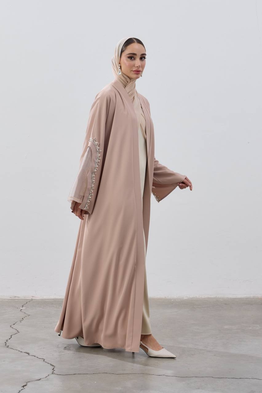  TASARIM İNCİ İŞLEMELİ SANTİAGO KUMAŞMAXİ BOY ABAYA - vizon