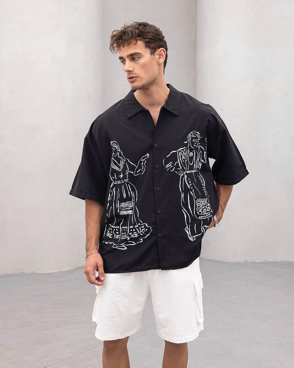  Sanatsal Baskılı Oversize Erkek Gömlek - Yazlık Salaş Model