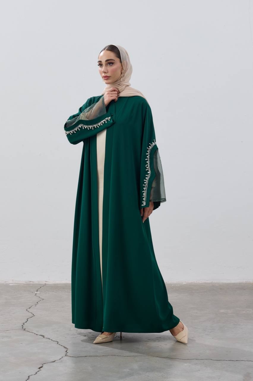  TASARIM İNCİ İŞLEMELİ SANTİAGO KUMAŞMAXİ BOY ABAYA - Haki yeşil