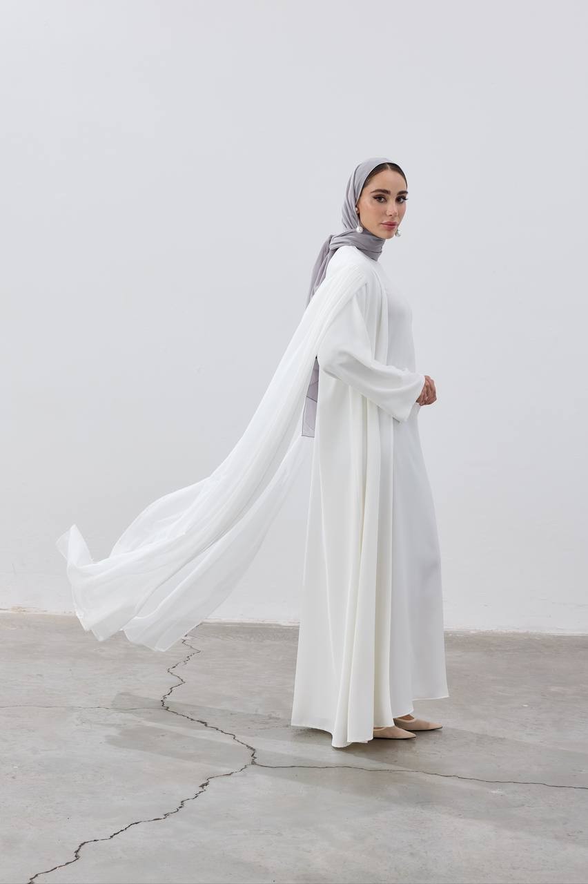 YENİ TASARIM ŞIK OMUZLARDAN UZUN TÜL DETAYLI KREP KUMAŞ ABAYA KİMONO - Beyaz
