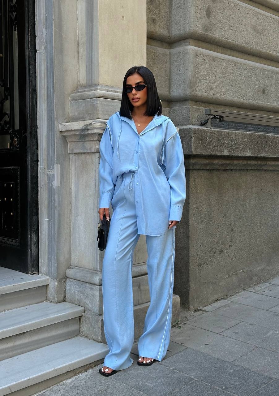 Hodii Model Kapüşonlu Parlak Kumaş İkili Takım – Oversize Gömlek & Bol Paça Pantolon - bebe mavi