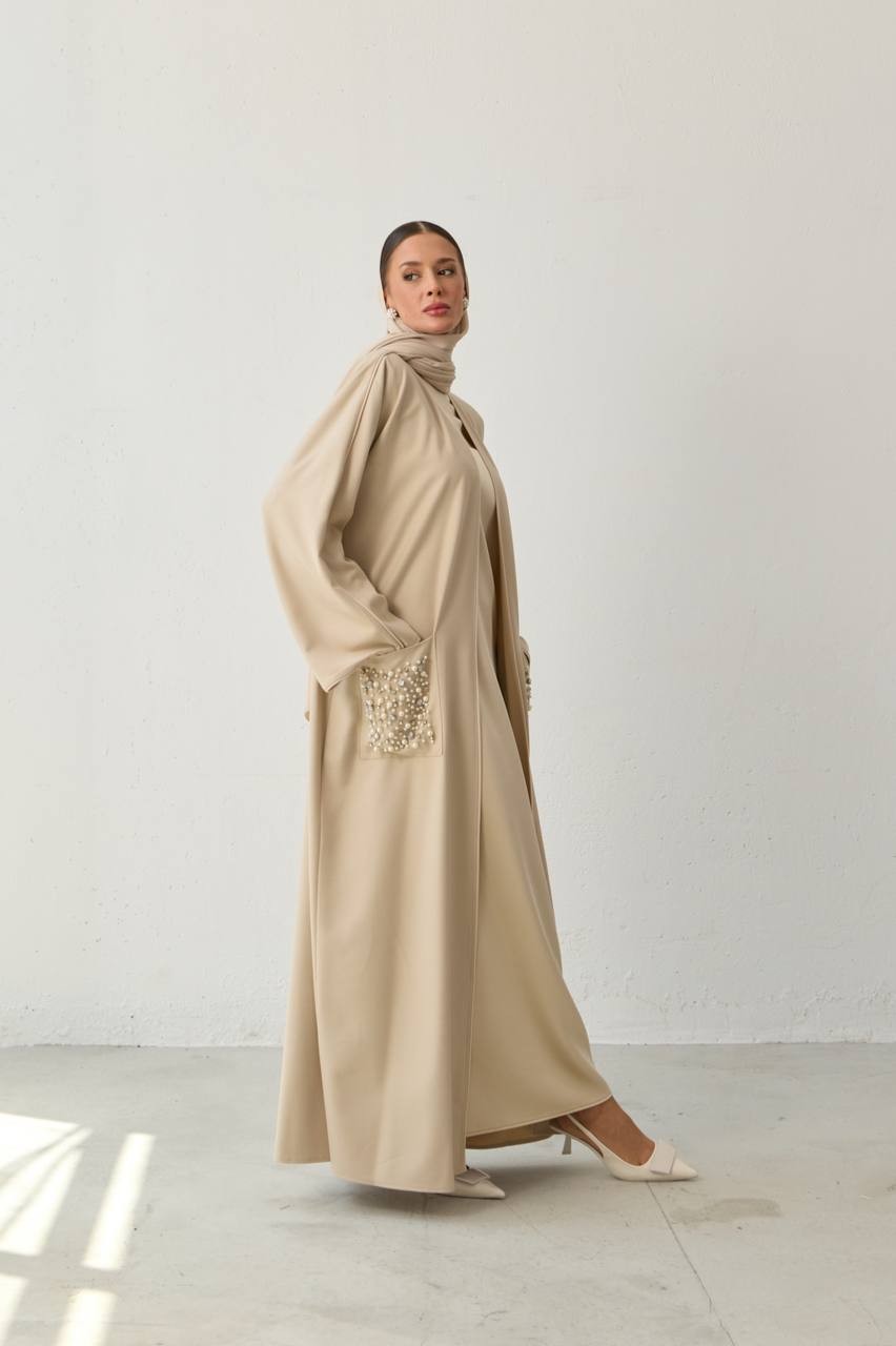 ÖZEL TASARIM CEPLERİ EL DOKUMA İNCİ  İŞLEMELİ ABAYA KİMONO