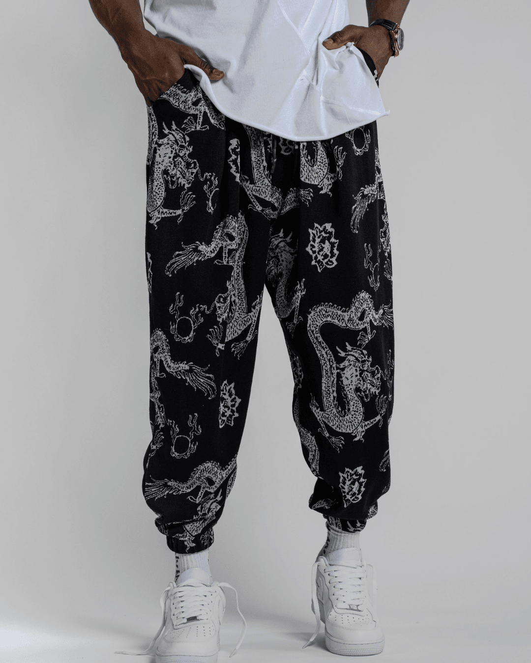 Siyah Ejderha Desenli Oversize Erkek Şalvar Pantolon – Bohem Streetwear