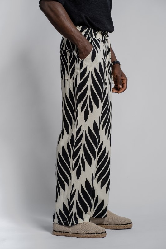 Desenli Bej-Siyah Relaxed Fit Yazlık Erkek Pantolon - Siyah