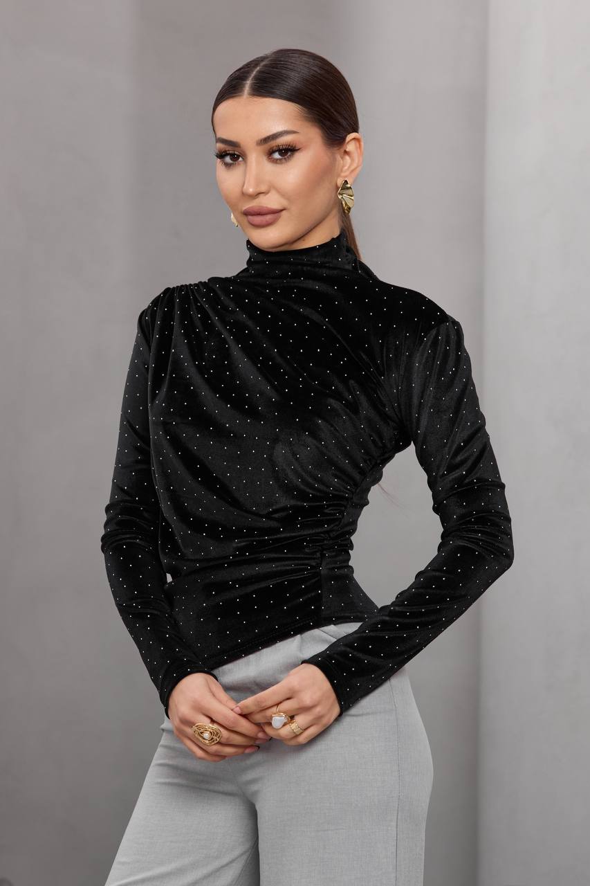 Yüksek Yaka Drapeli Işıltılı Kadın Bluz - Şık Davet & Akşam Kombini Üst Parça