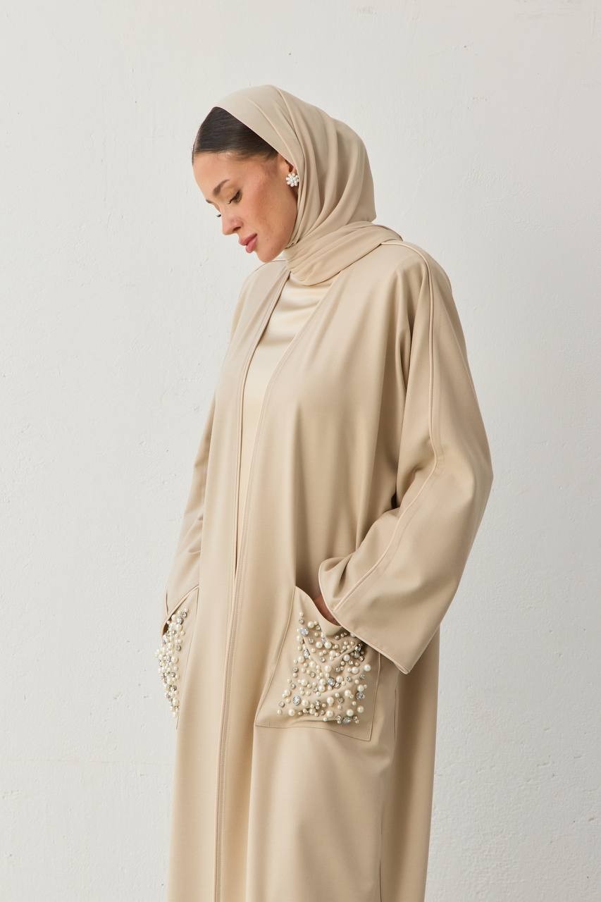 ÖZEL TASARIM CEPLERİ EL DOKUMA İNCİ  İŞLEMELİ ABAYA KİMONO - krem