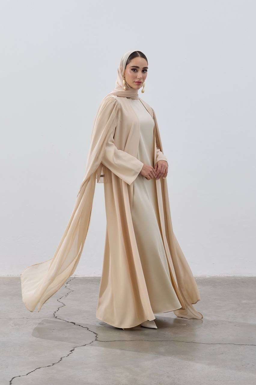 YENİ TASARIM ŞIK OMUZLARDAN UZUN TÜL DETAYLI KREP KUMAŞ ABAYA KİMONO - krem