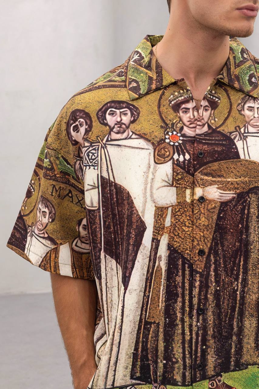 Erkek Oversize Desenli Kısa Kollu Gömlek – Vintage Sanatsal Print