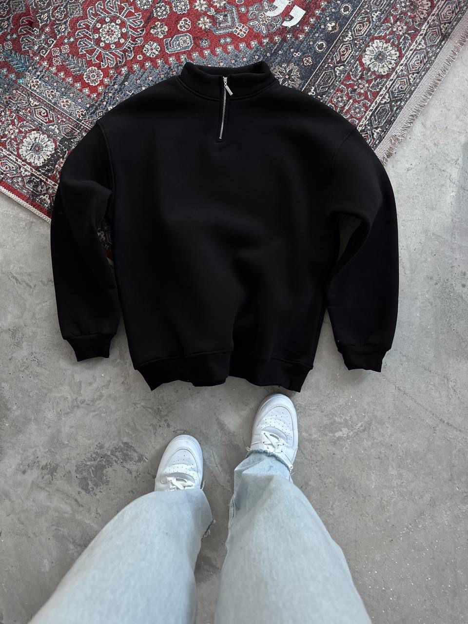 Basic Yarım Fermuar Sweat - Siyah