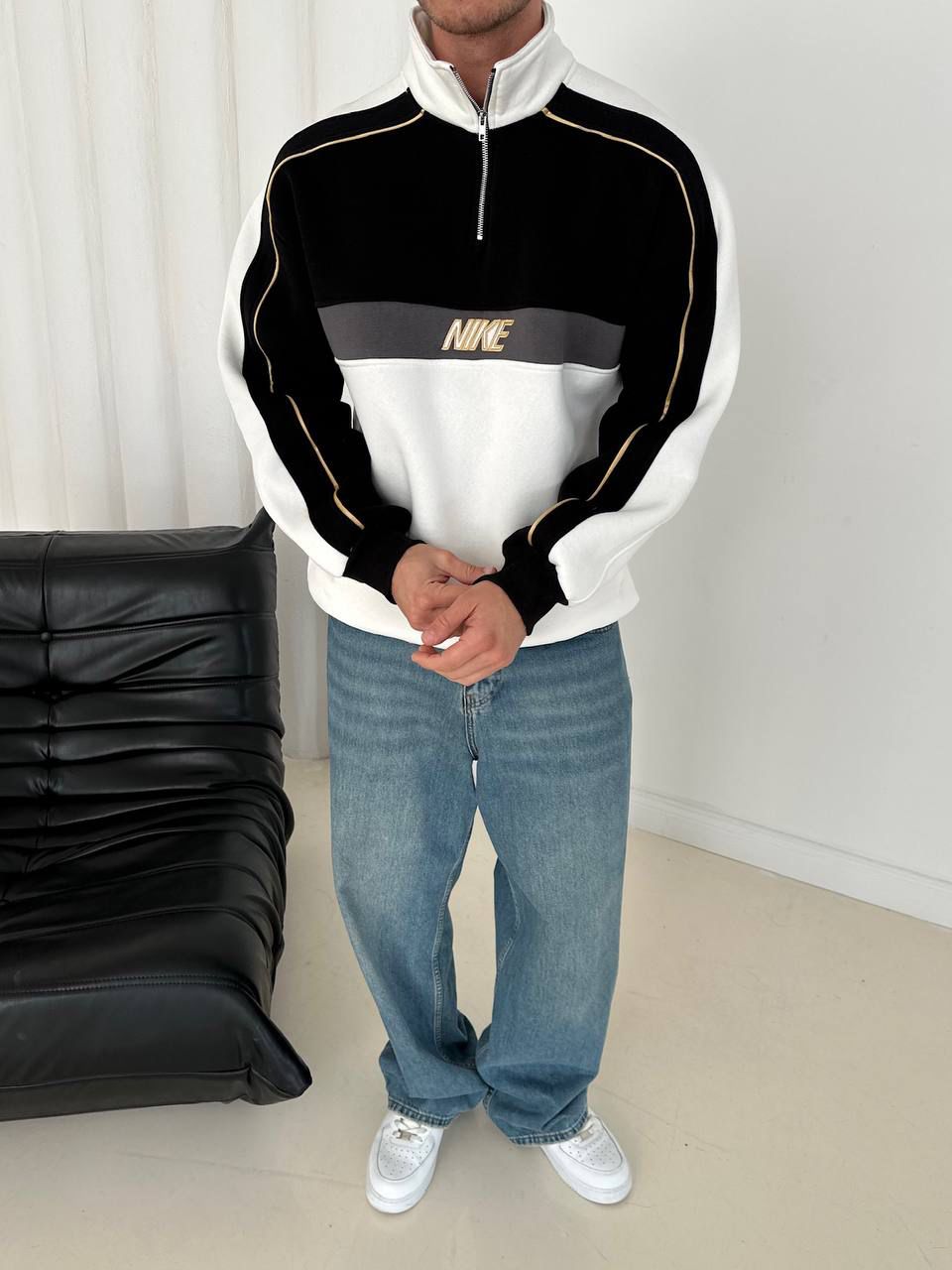 NIKE baskılı yarım fermuar sweat - siyah