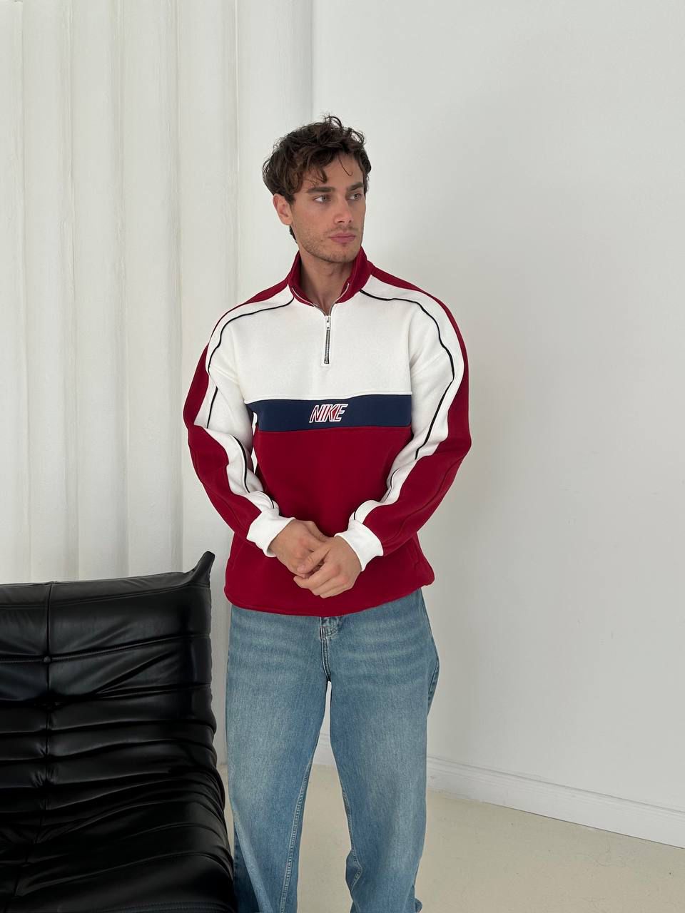 NIKE baskılı yarım fermuar sweat - bordo