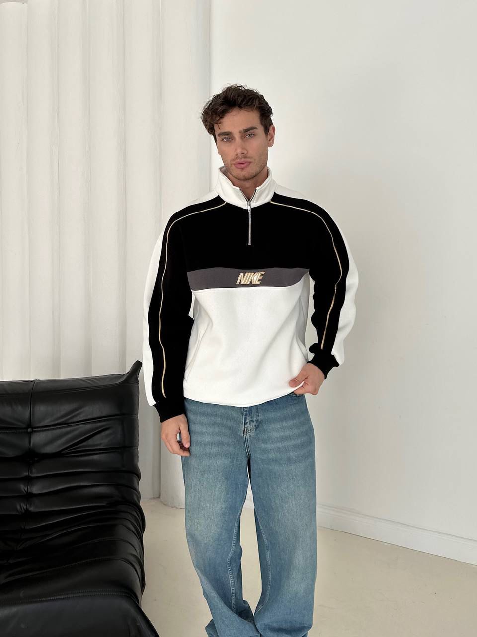NIKE baskılı yarım fermuar sweat - siyah