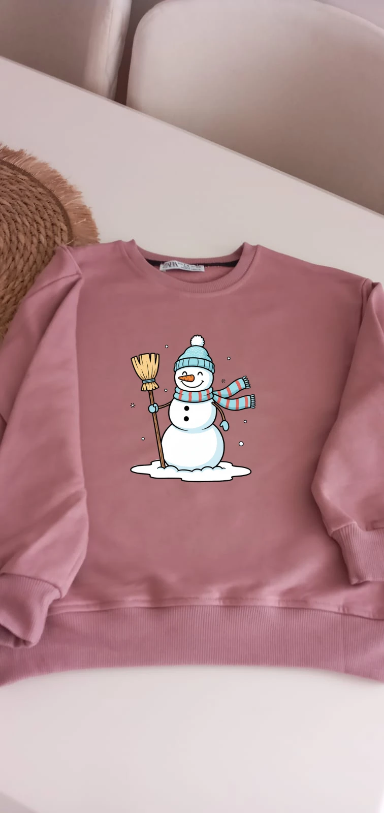 Kız Çocukları İçin Kardan Adam Baskılı Pudra Rengi Sweatshirt - 11-12 Yaş