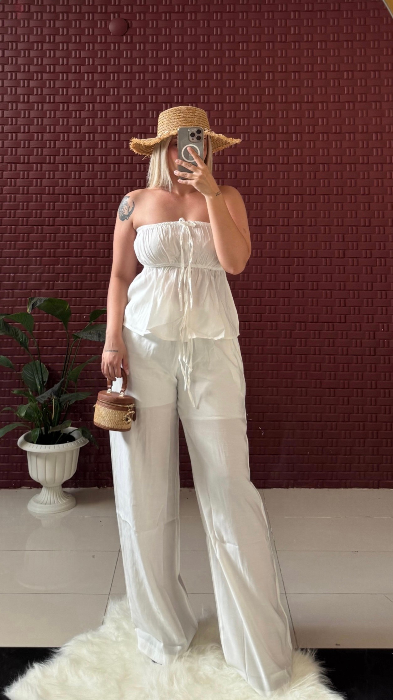 Straplez Büzgülü Beyaz Bluz Pantolon Takım