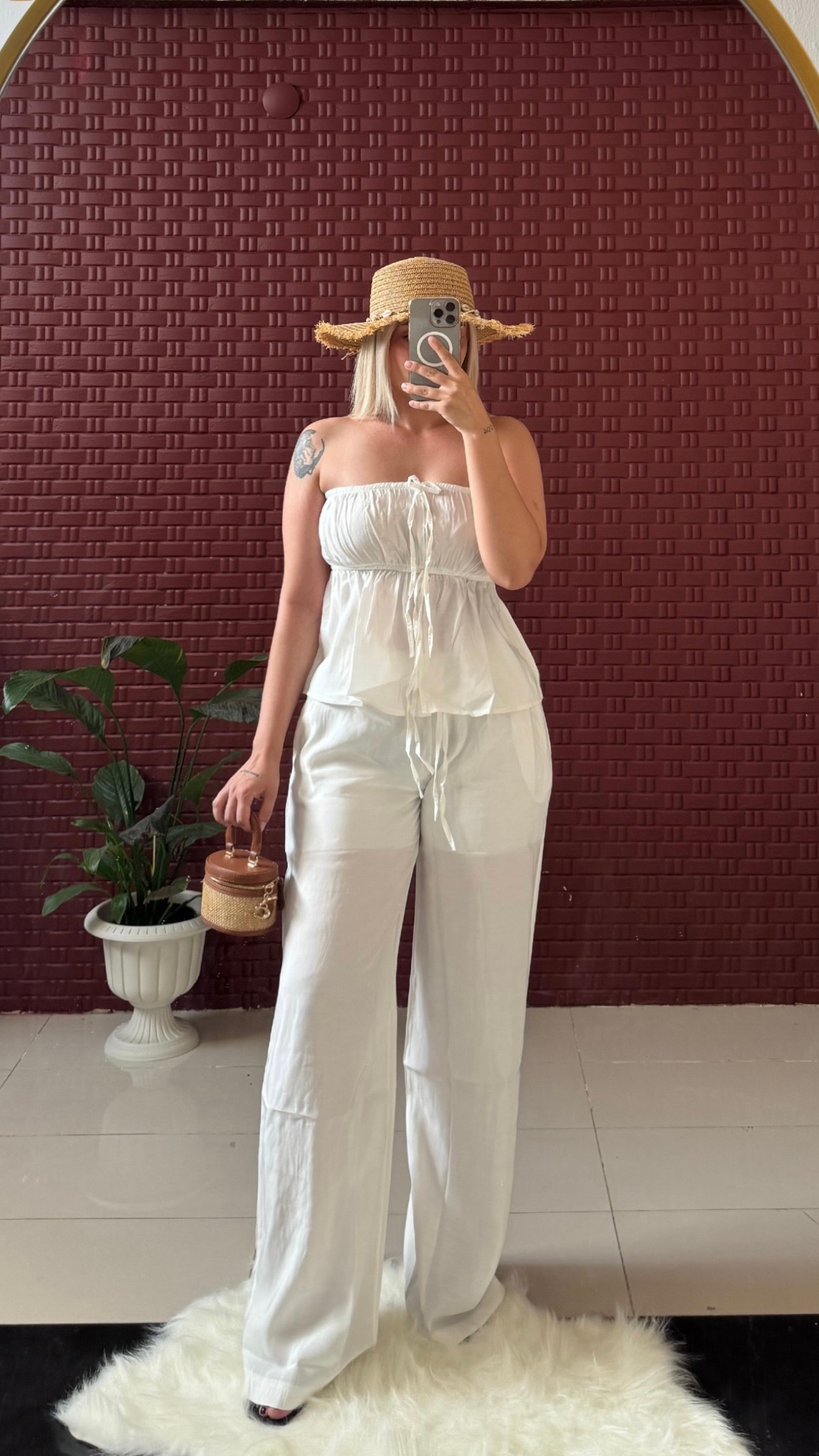 Straplez Büzgülü Beyaz Bluz Pantolon Takım