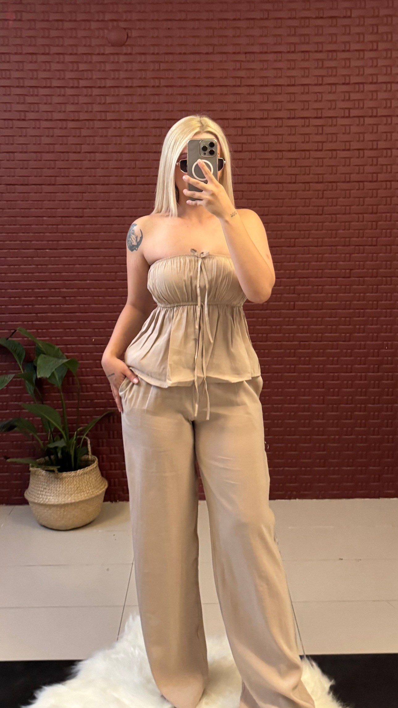 Straplez Büzgülü Vizon Bluz Pantolon Takım