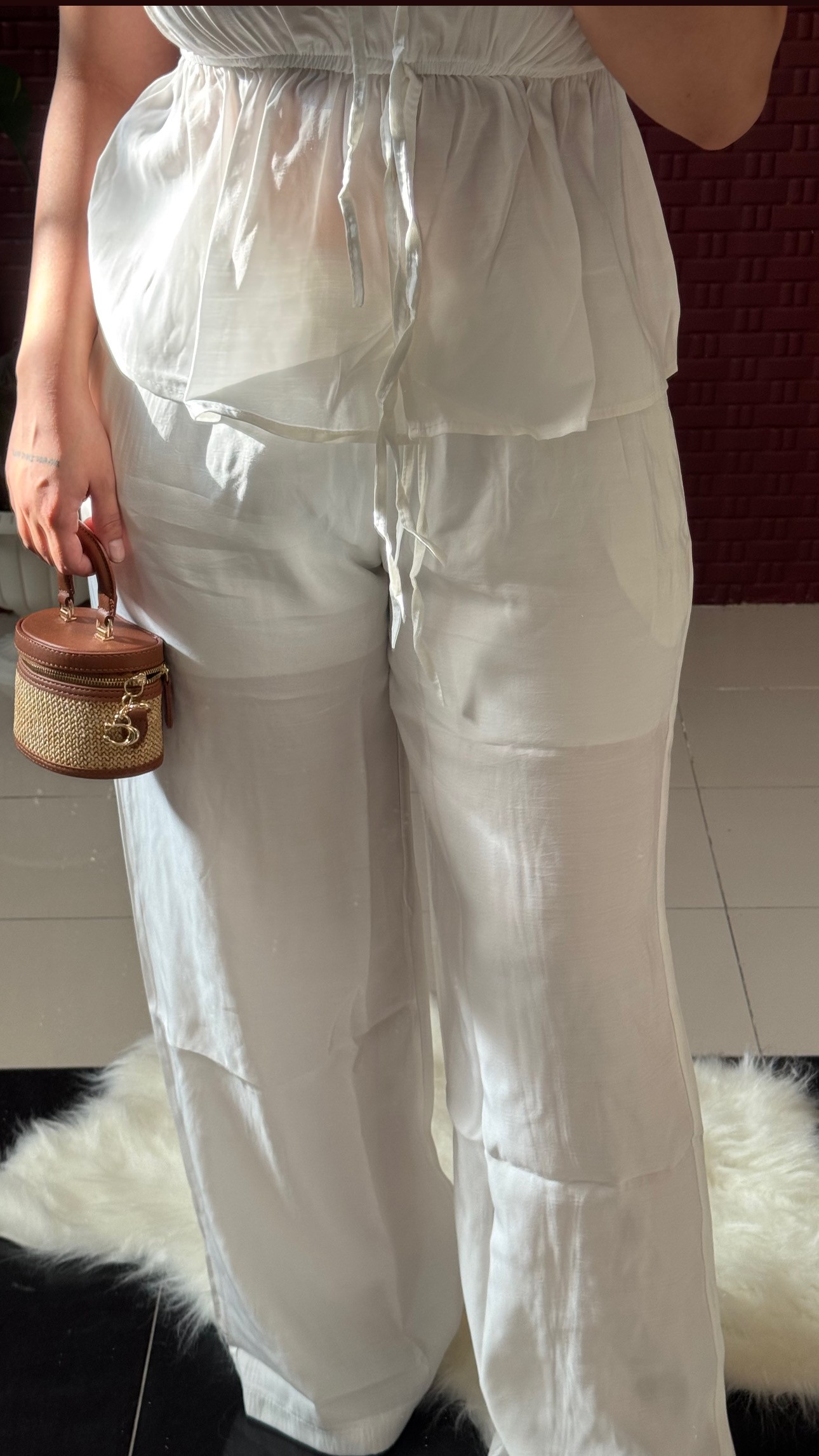 Straplez Büzgülü Beyaz Bluz Pantolon Takım