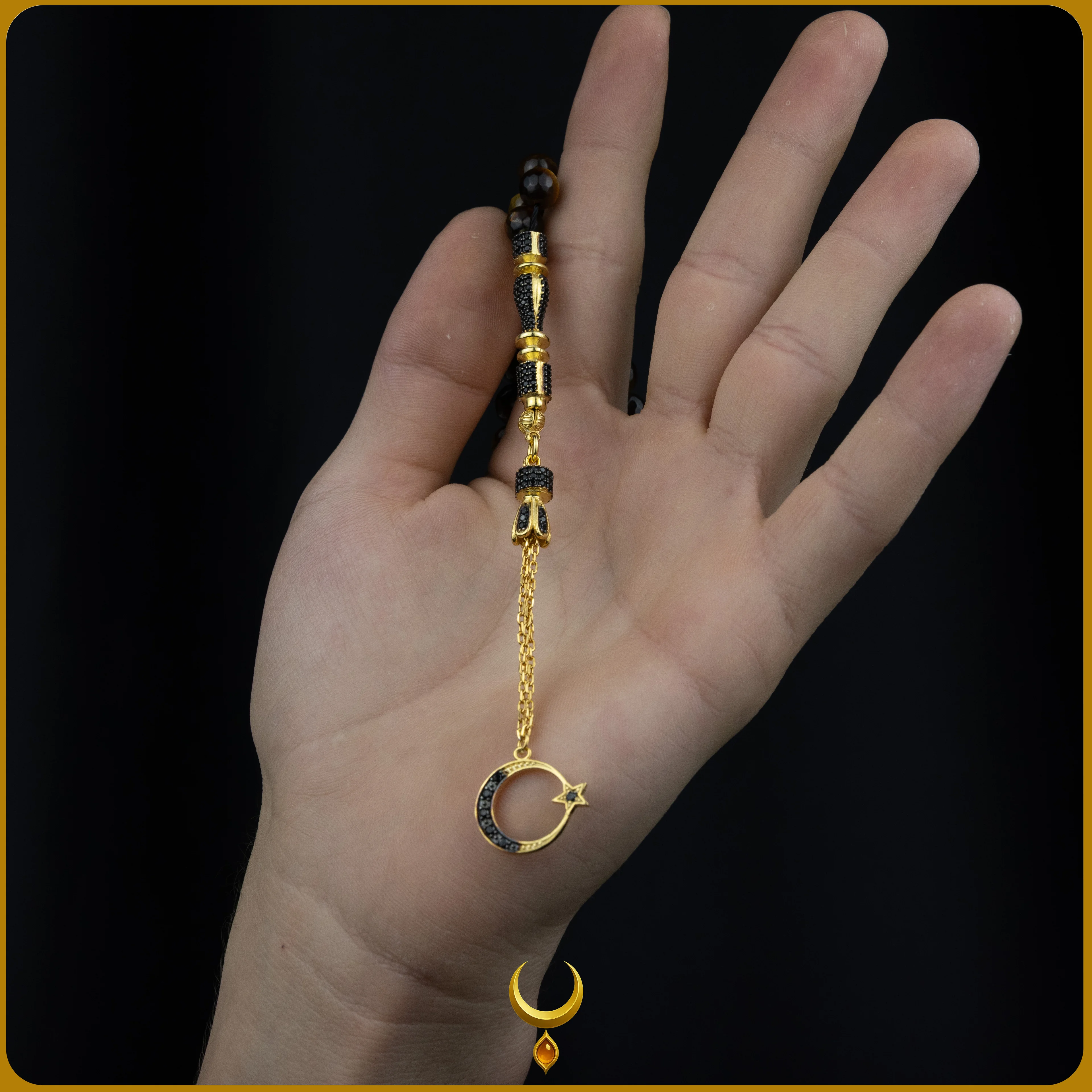 ZİRKON İŞLEMELİ 925 AYAR GOLD GÜMÜŞ PÜSKÜLLÜ KAPLAN GÖZÜ DOĞAL TAŞ TESBİH