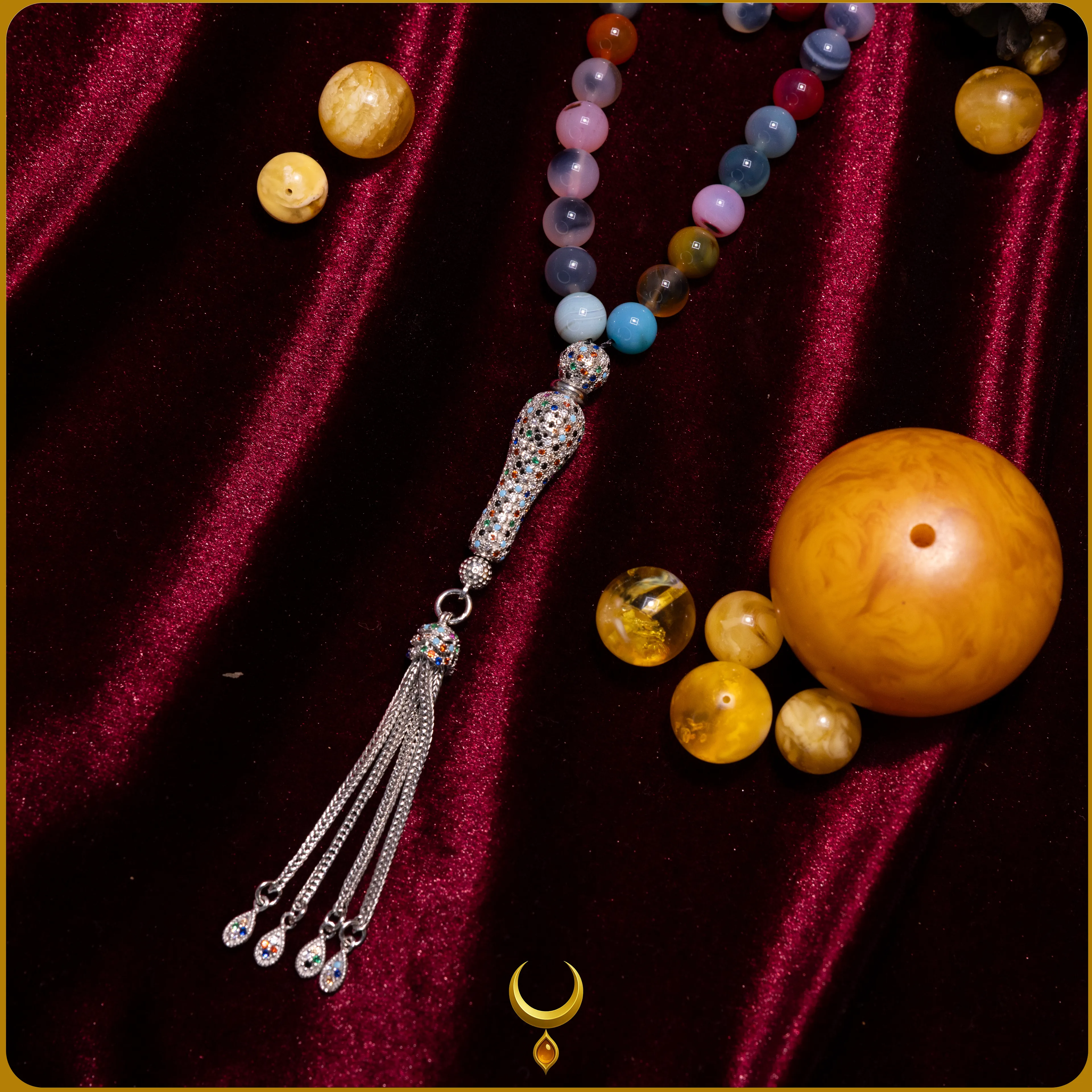 RENKLİ MİNE İŞLEMELİ 925 AYAR GÜMÜŞ PÜSKÜLLÜ AKİK DOĞAL TAŞ TESBİH