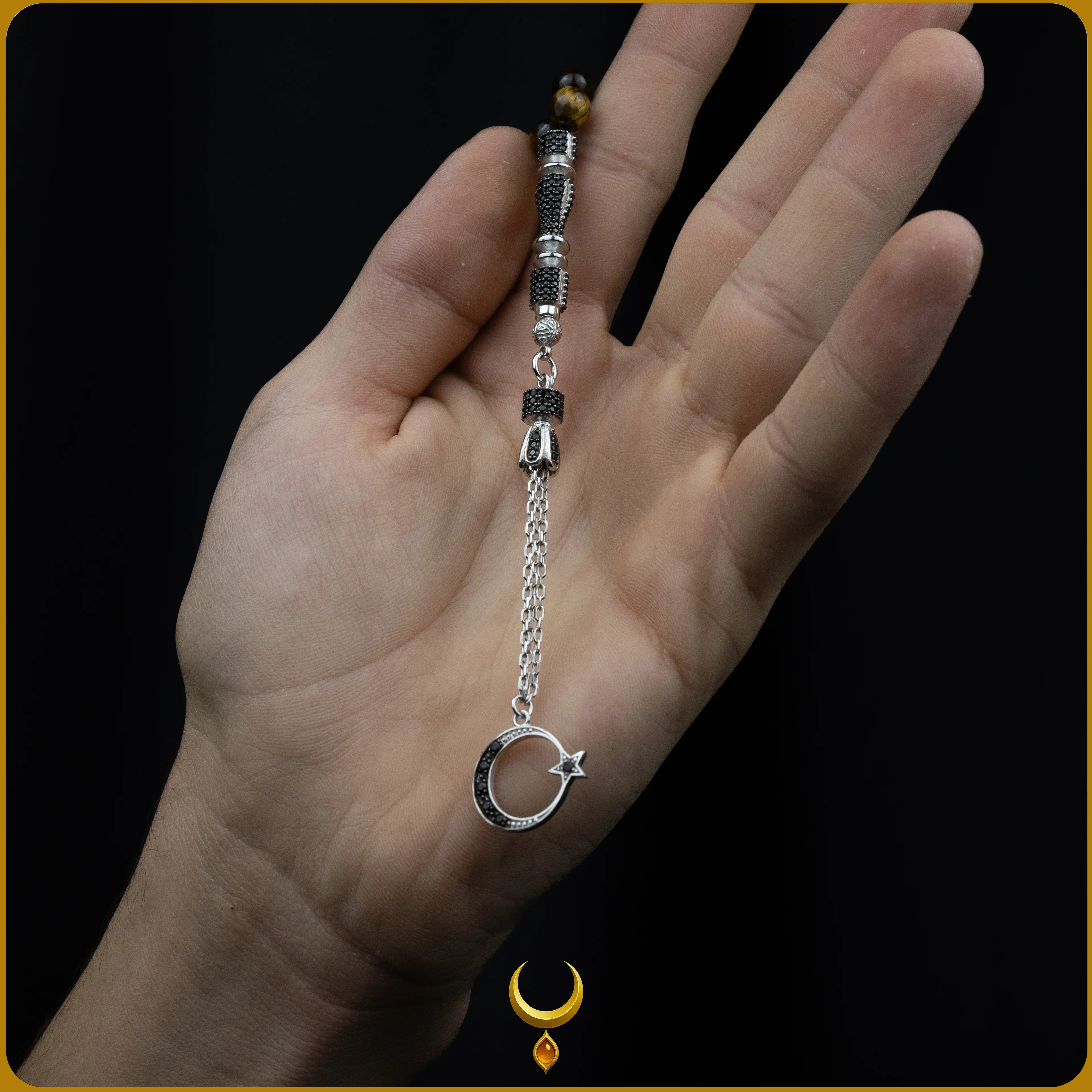 ZİRKON İŞLEMELİ 925 AYAR GÜMÜŞ PÜSKÜLLÜ KAPLAN GÖZÜ DOĞAL TAŞ TESBİH