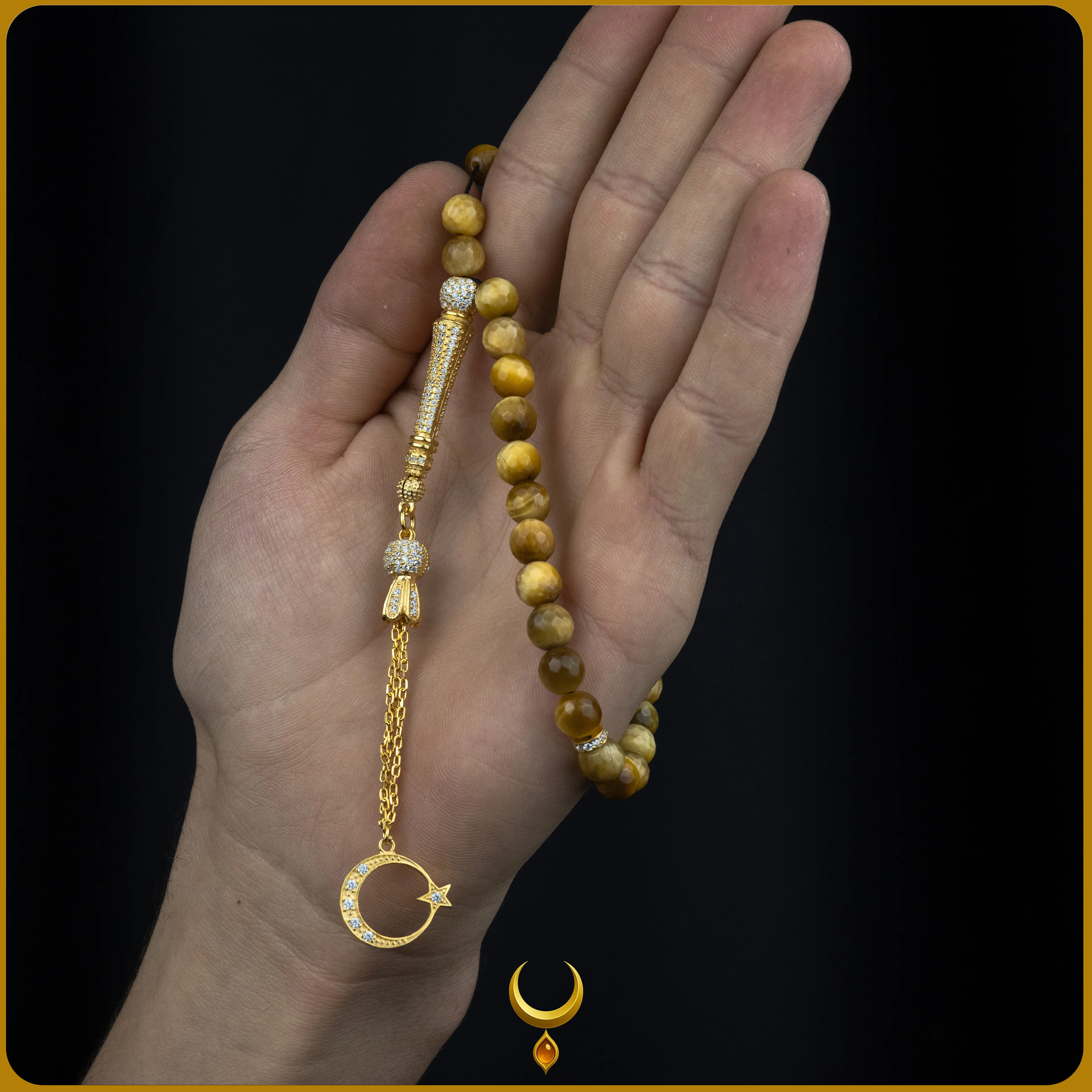 ZİRKON İŞLEMELİ 925 AYAR GOLD GÜMÜŞ PÜSKÜLLÜ KAPLAN GÖZÜ DOĞAL TAŞ TESBİH