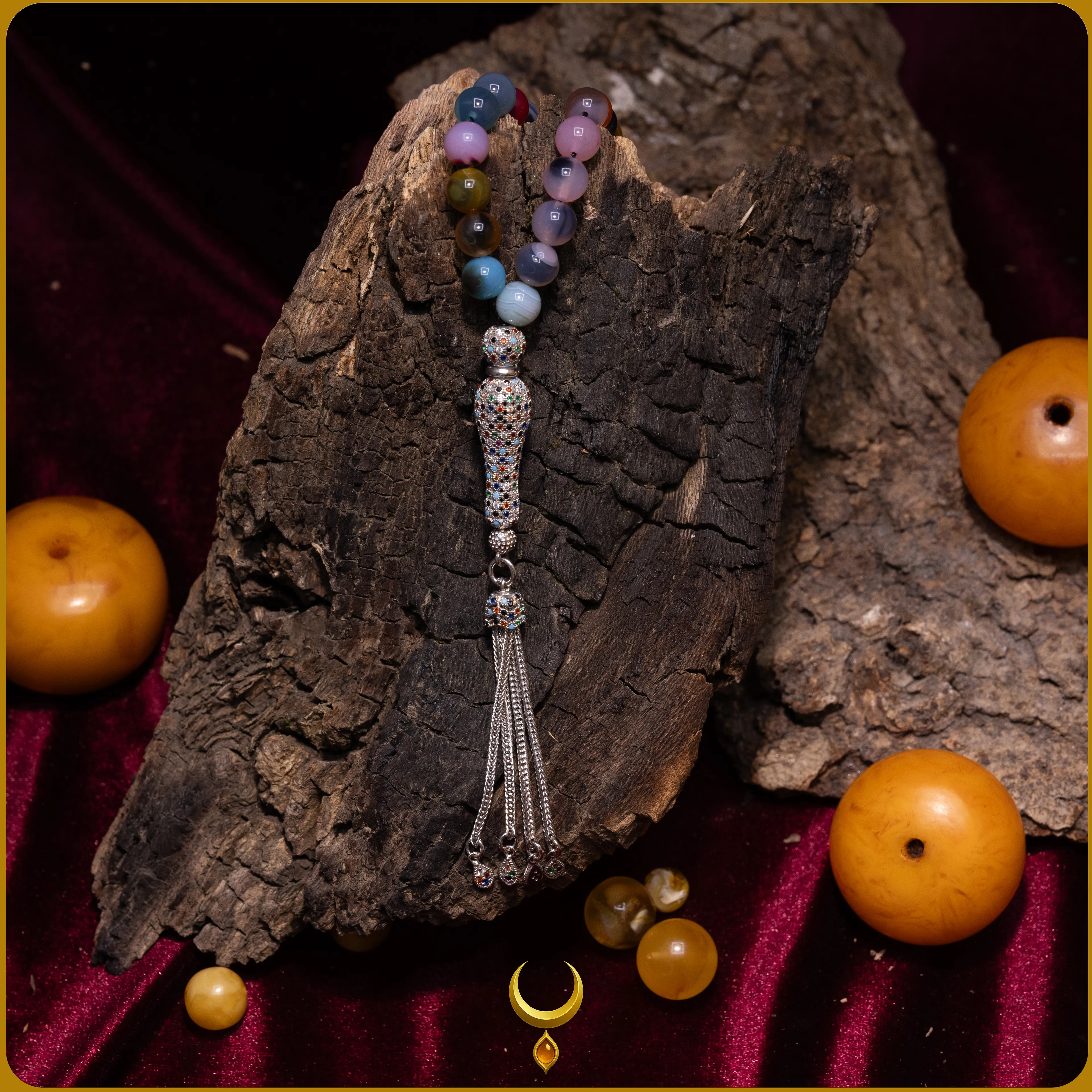 RENKLİ MİNE İŞLEMELİ 925 AYAR GÜMÜŞ PÜSKÜLLÜ AKİK DOĞAL TAŞ TESBİH