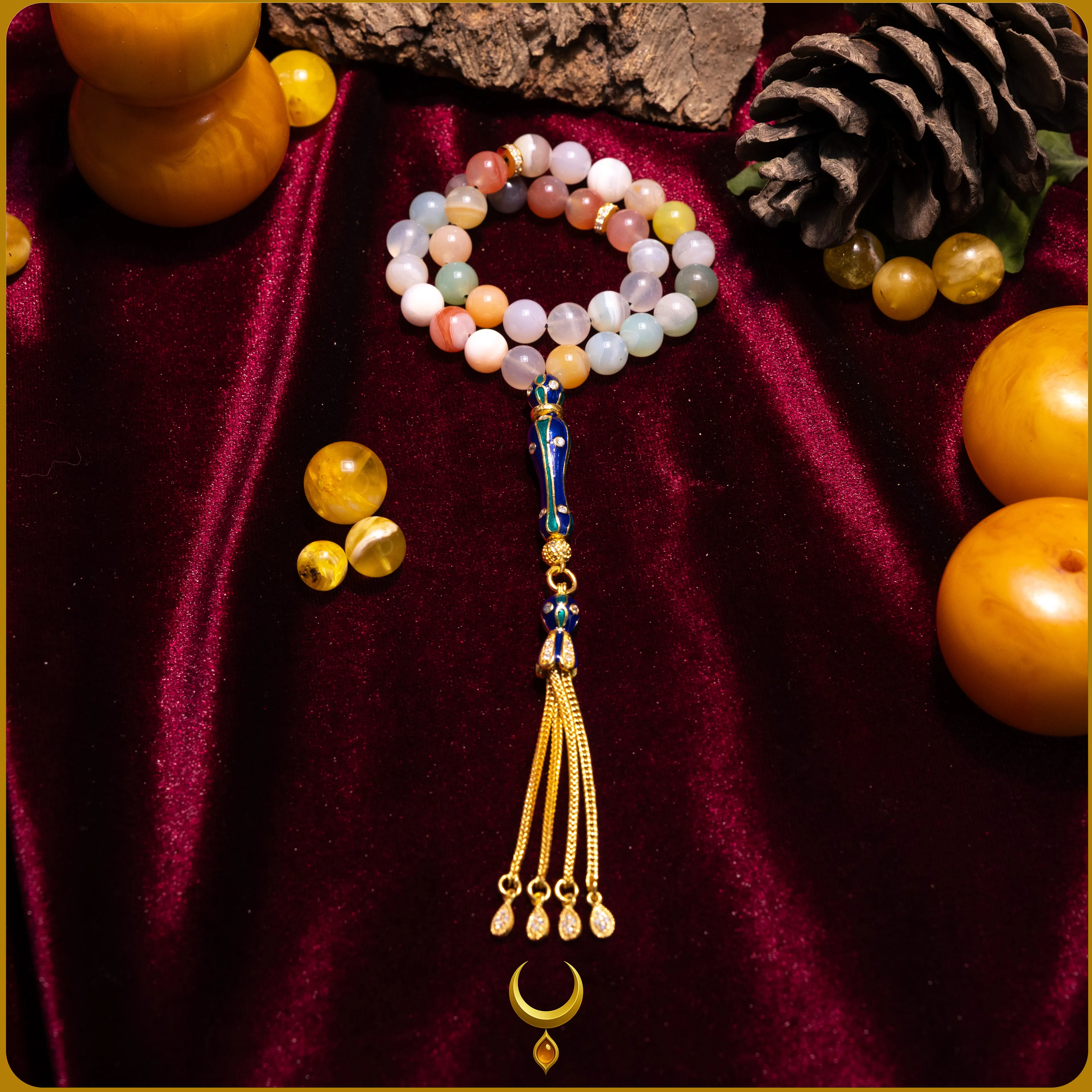 RENKLİ MİNE İŞLEMELİ 925 AYAR GOLD GÜMÜŞ PÜSKÜLLÜ AKİK DOĞAL TAŞ TESBİH