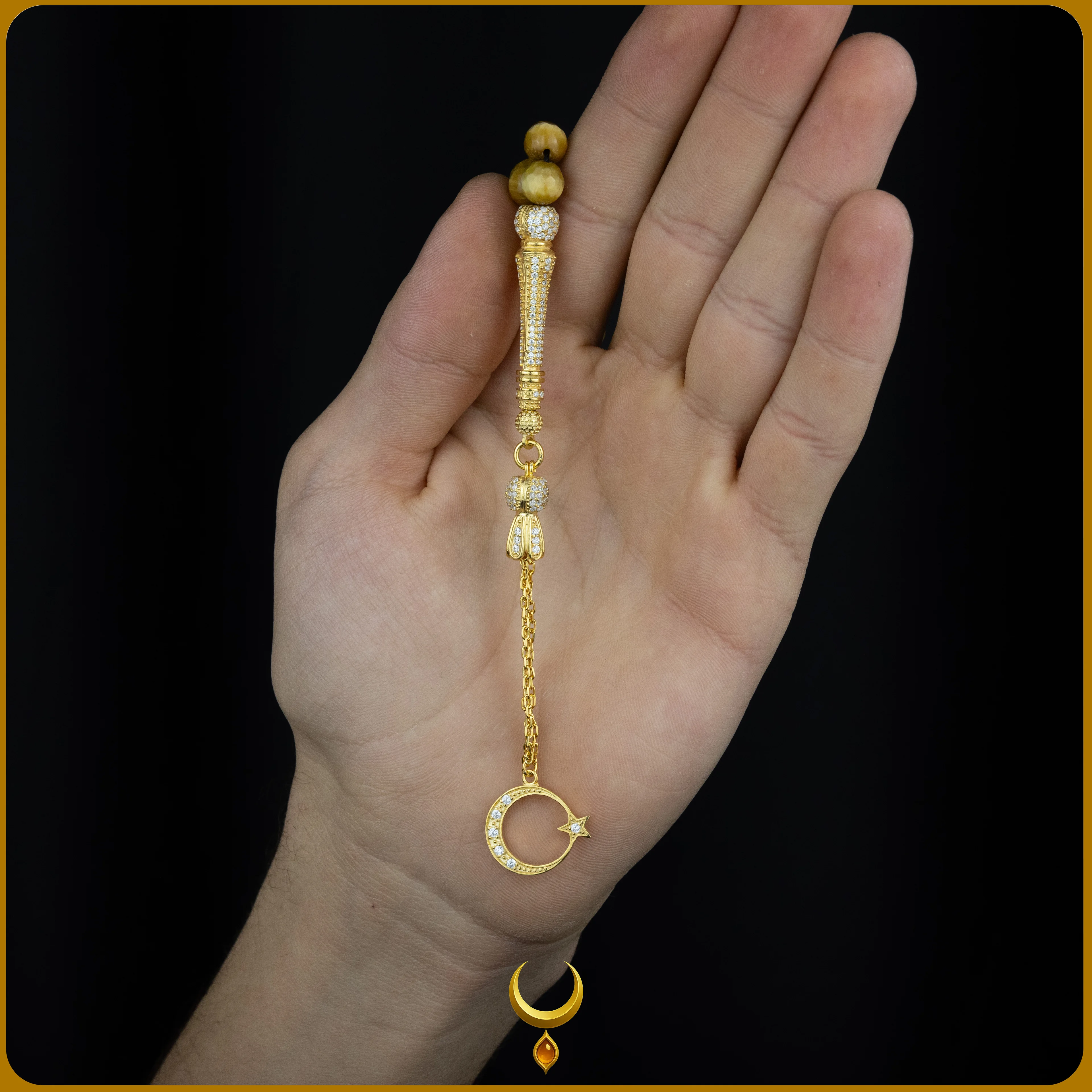 ZİRKON İŞLEMELİ 925 AYAR GOLD GÜMÜŞ PÜSKÜLLÜ KAPLAN GÖZÜ DOĞAL TAŞ TESBİH