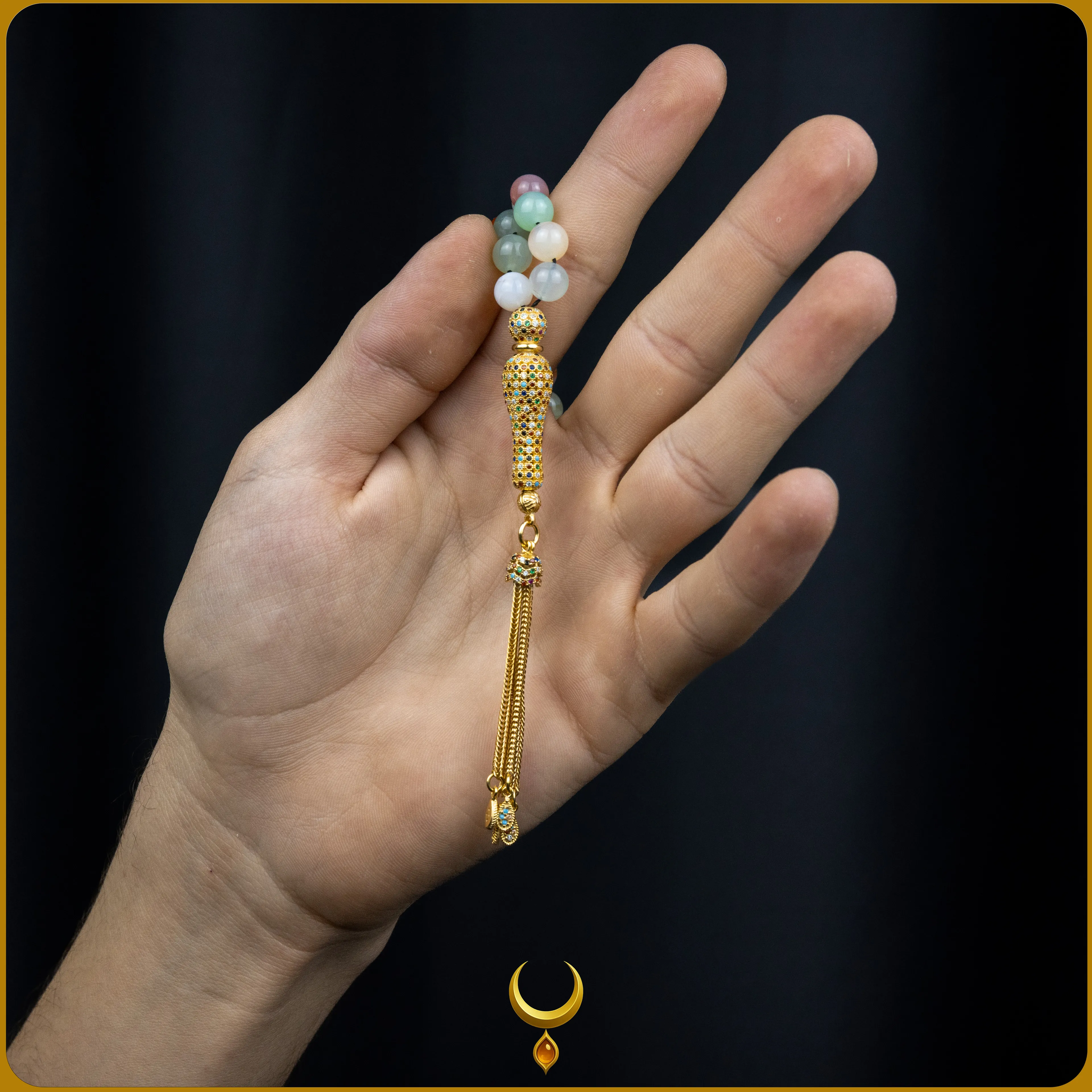 RENKLİ MİNE İŞLEMELİ 925 AYAR GOLD GÜMÜŞ PÜSKÜLLÜ AKİK DOĞAL TAŞ TESBİH