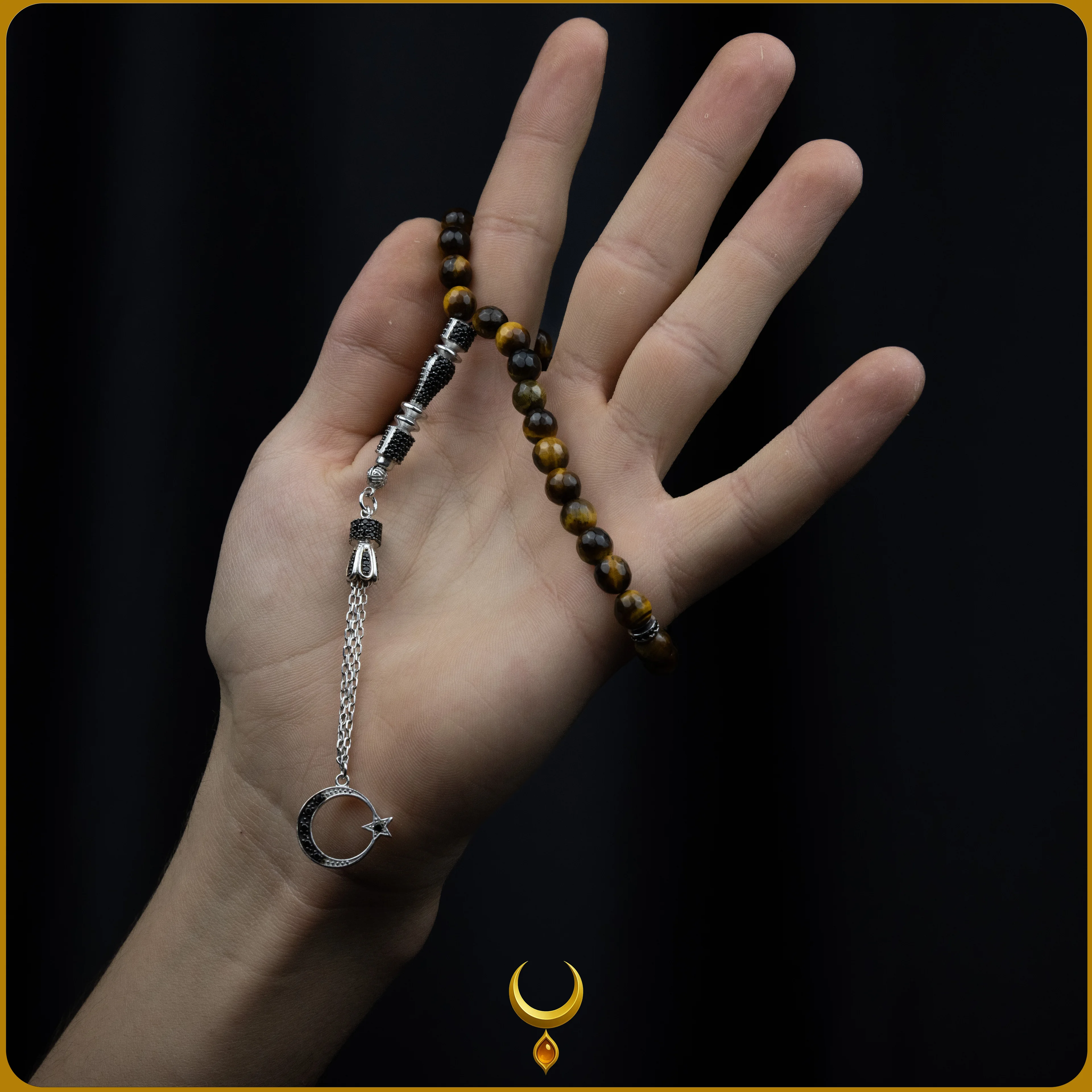 ZİRKON İŞLEMELİ 925 AYAR GÜMÜŞ PÜSKÜLLÜ KAPLAN GÖZÜ DOĞAL TAŞ TESBİH